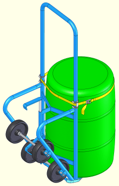 4-Wheel Drum Truck shown with Clamp-On Strap Kit to handle a rimless plastic drum