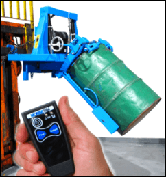 Forklift mounted drum racker with optional wireless drum tilt control