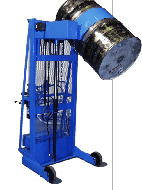 Custom Vertical-Lift Drum Pourer with counterweight to enable pouring beyond shorter legs