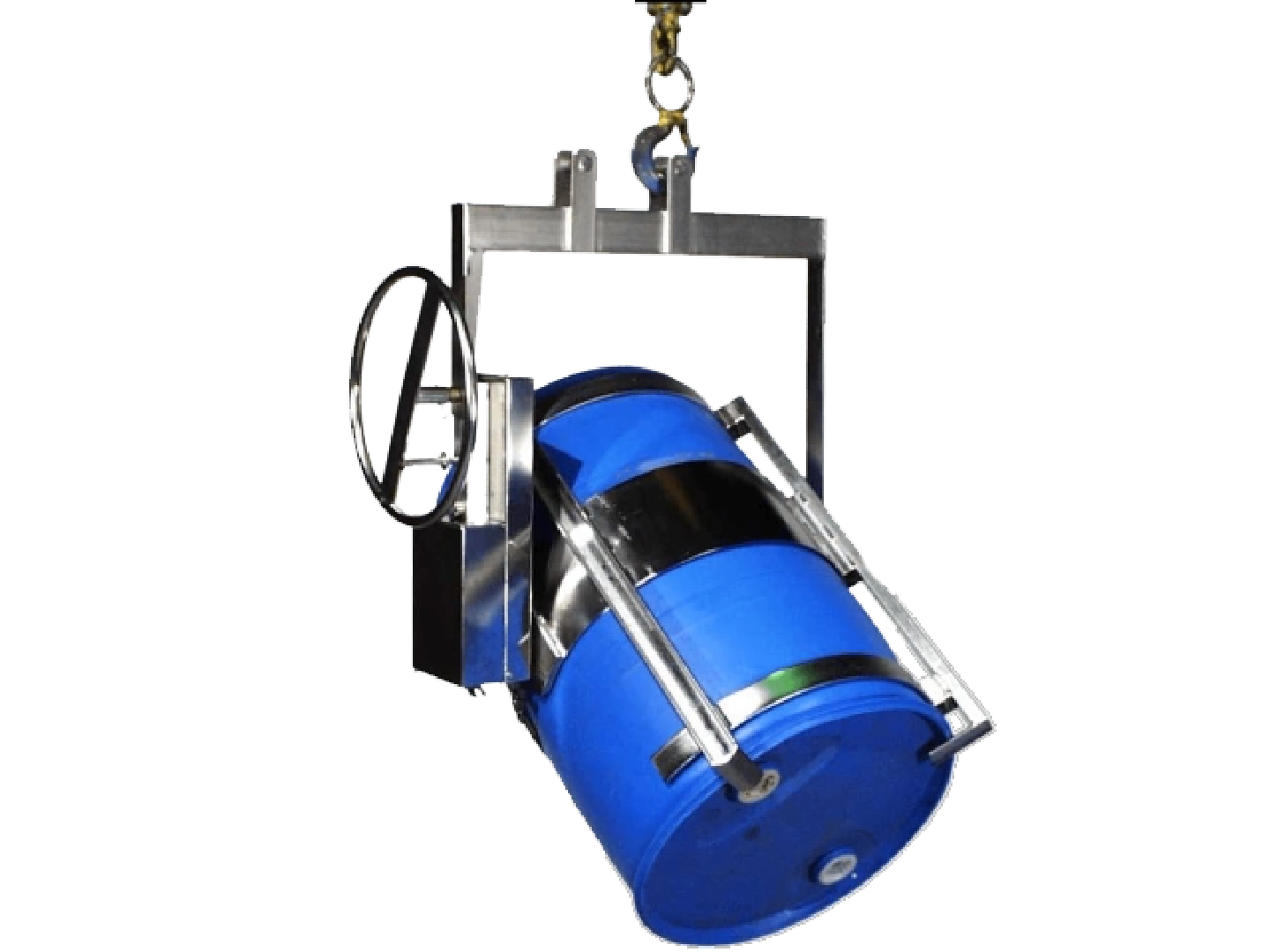 Custom Stainless Steel Below-Hook Drum Handler to lift and pour drum with hoist