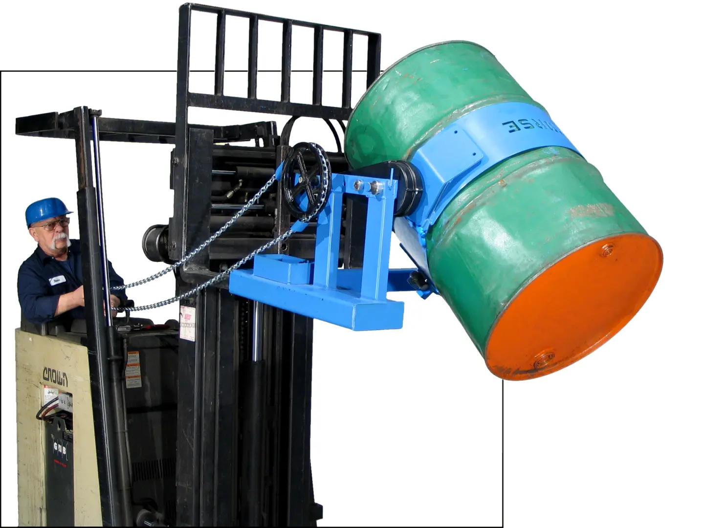 Model 285G Forklift Attachment designed to lift and pour ONLY a 55-gallon (210 liter) steel drum