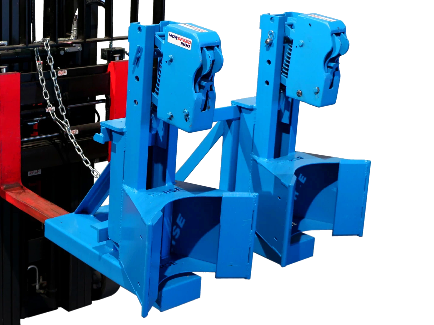Model 288-2 to handle 1 or 2 rimmed drums at a time. MORSPEED Forklift drum lifter and mover.