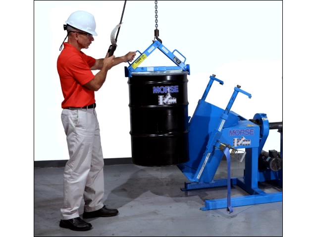 Lift upright drum into holder with Morse model 92 and your hoist