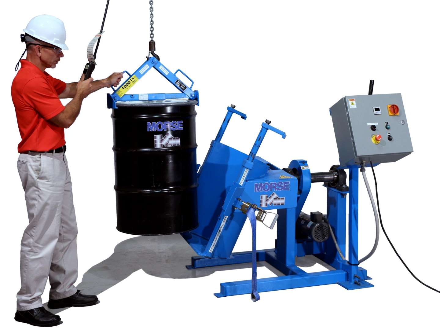 Load a drum onto Drum Tumbler with Model 92 Below-Hook Drum Lifter and your hoist. Shown with Control Package (sold separately).