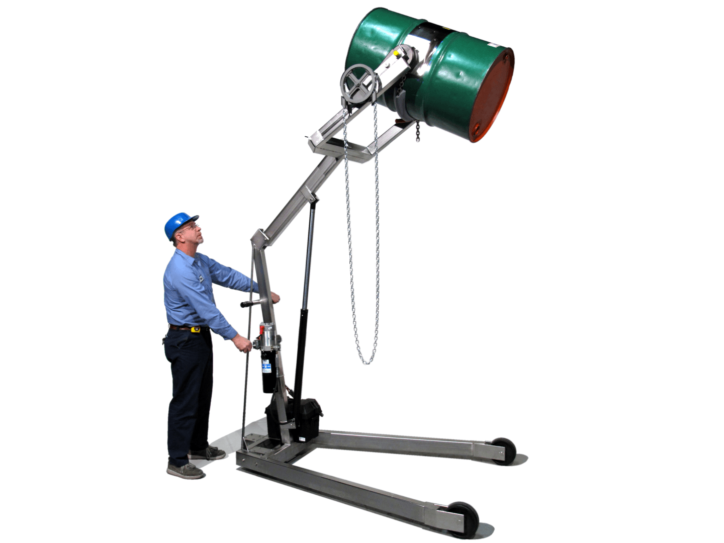 Model 400A-96SS-125 Stainless Steel Hydra-Lift Drum Carrier with Electric power drum lift, and Pull Chain manual drum tilt control.