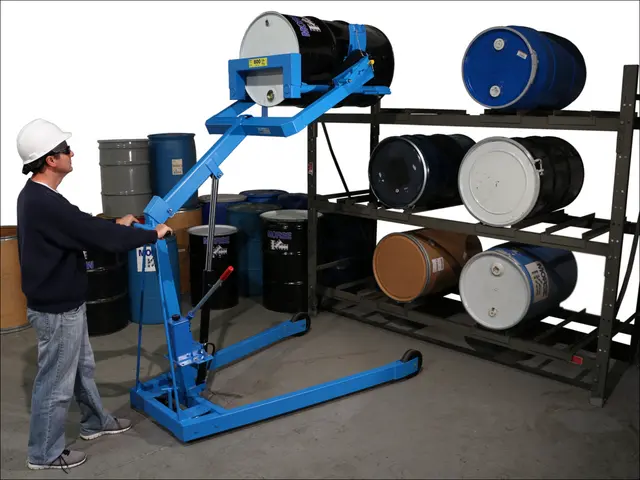 Place horizontal drum into rack with Omni-Lift Drum Racker. Model 405 shown has Manual Lift and Tilt Control.