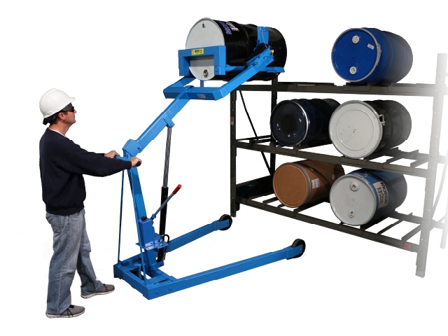 Place horizontal drum into rack with Omni-Lift Drum Racker. Model 405 shown has Manual Lift and Tilt Control.