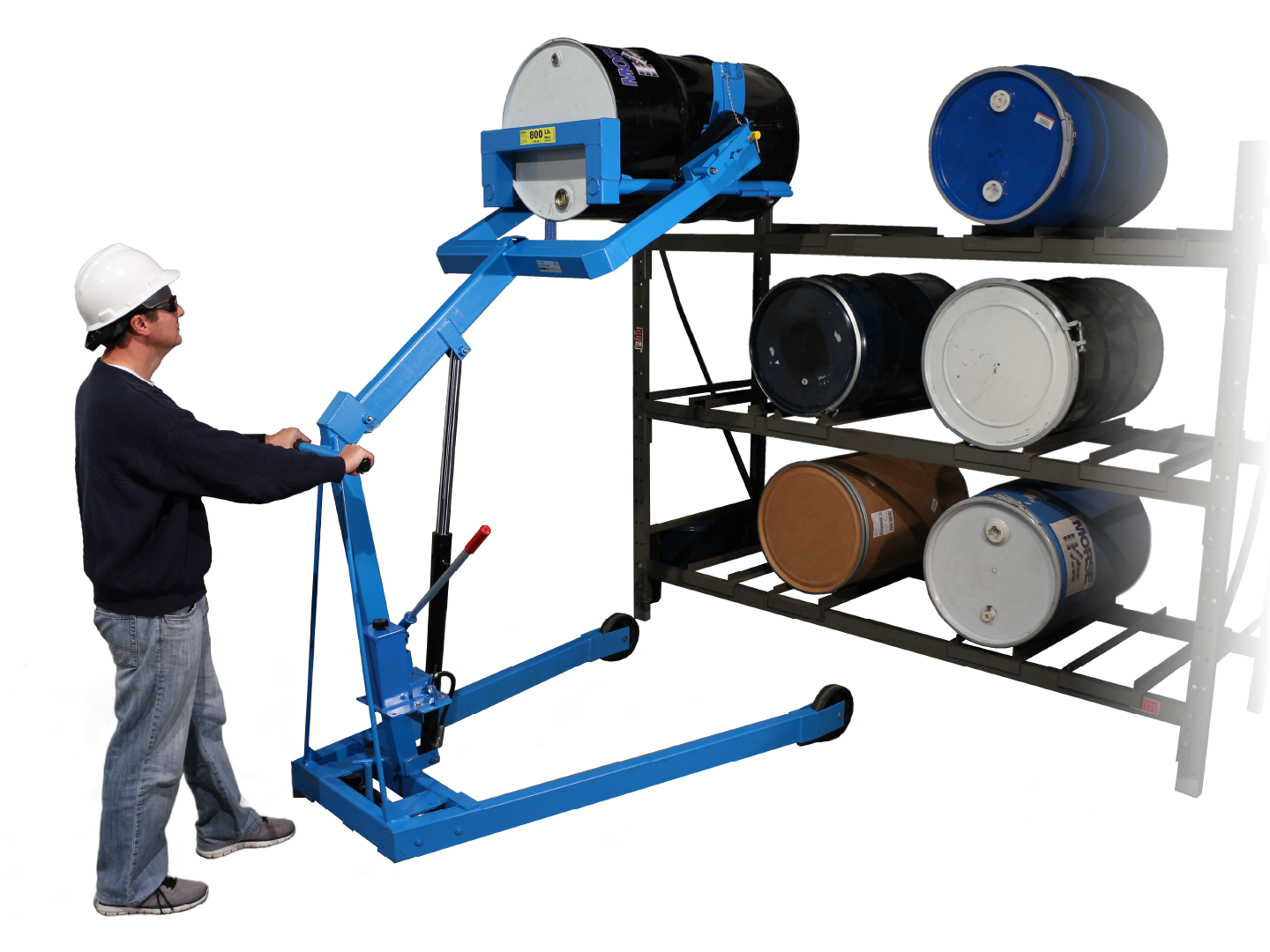 Place horizontal drum into rack with Omni-Lift Drum Racker. Model 405 shown has Manual Lift and Tilt Control.