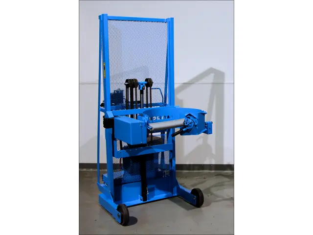 Custom Vertical-Lift Drum Pourer with counterweight to enable pouring beyond shorter legs - Model 510S-XR-115 shown