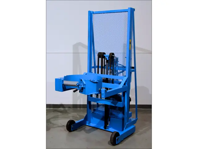 Custom Vertical-Lift Drum Pourer with extended reach to pour beyond front legs - Model 510S-XR-115 shown