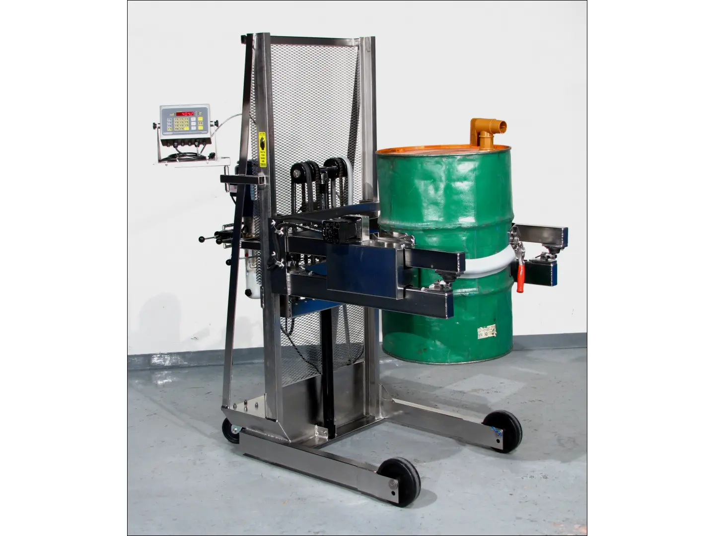Scale-Equipped Vertical-Lift Drum Pourer with frame made of Type 304 stainless steel