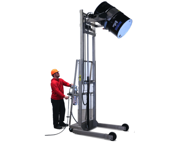 Stainless Steel Vertical-Lift Drum Pourer with Air Power Lift and Tilt Control - Model 520SS-114 shown.