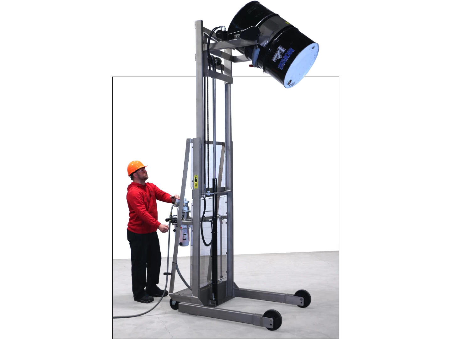 Stainless Steel Vertical-Lift Drum Pourer with Air Power Lift and Tilt Control - Model 520SS-114