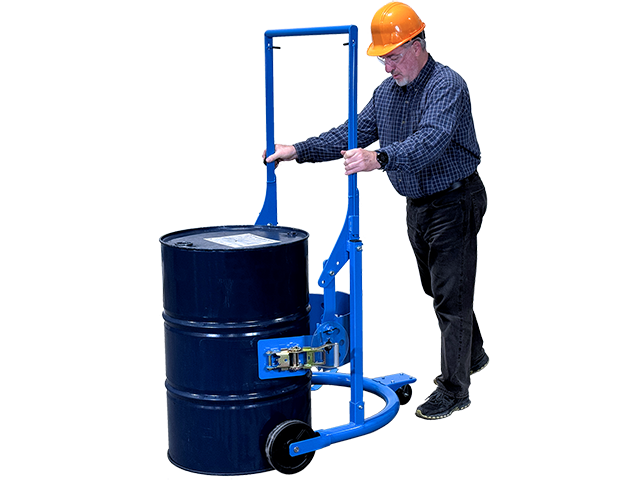 Lift handle and engage holder around drum between ribs