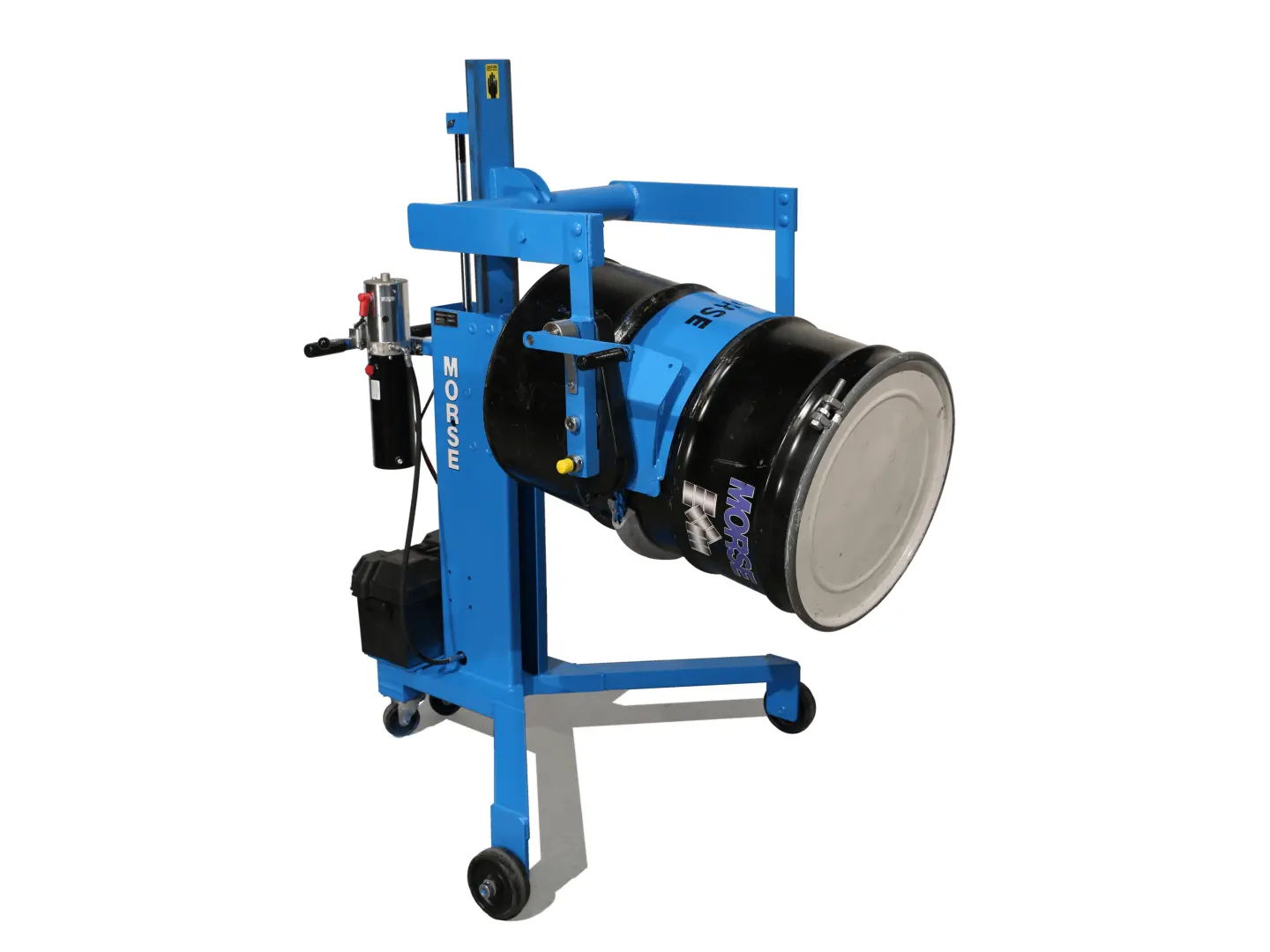 Model 82A-GT-125 Drum Palletizer has Battery Power Drum Lift and Hand Crank Drum Tilt. Shown with Tilt-Brake Option to automatically hold drum tilt angle.