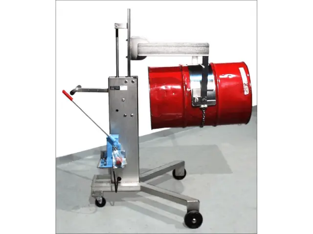 Stainless Steel Drum Mover, Pourer and Palletizer with hand pump drum lift. Grasp drum to tilt by hand. - Model 82A-SS
