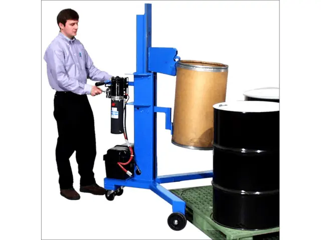 Drum Palletizer with battery power drum lift and V-shaped base to get drums on and off pallets - Model 82H-125 shown