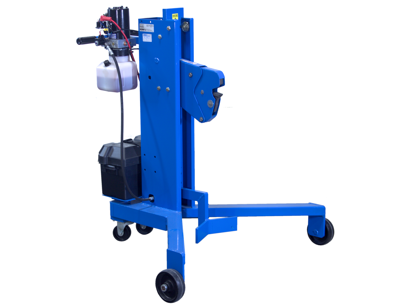 Drum Palletizer with battery power drum lift and V-shaped base to get drums on and off pallets - Model 82H-125 shown