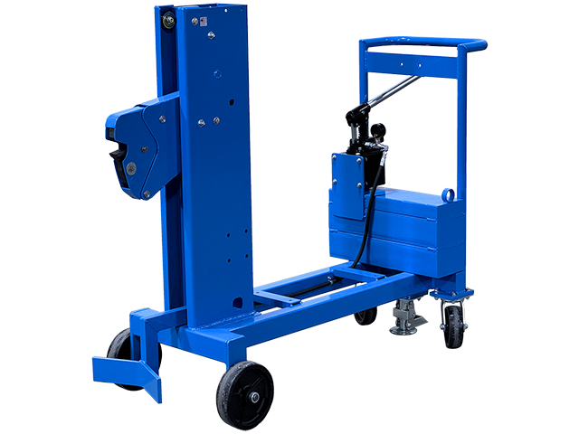 Morse drum palletizer with extended reach beyond front wheels