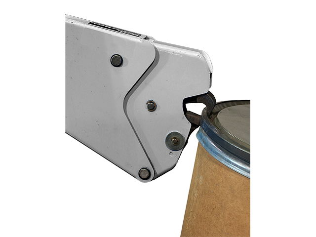 Jaws grip top rim of fiber drum with drum lid secure