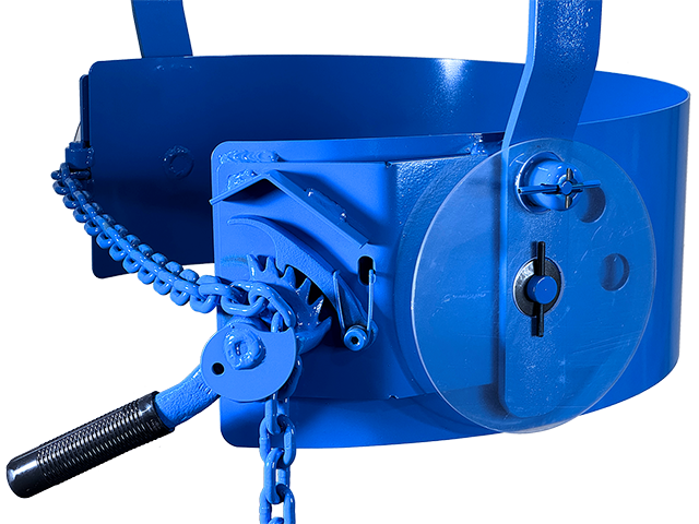 Ratchet and Pawl secure cinch chain around drum. Tilt Lock Guard protects fingers.