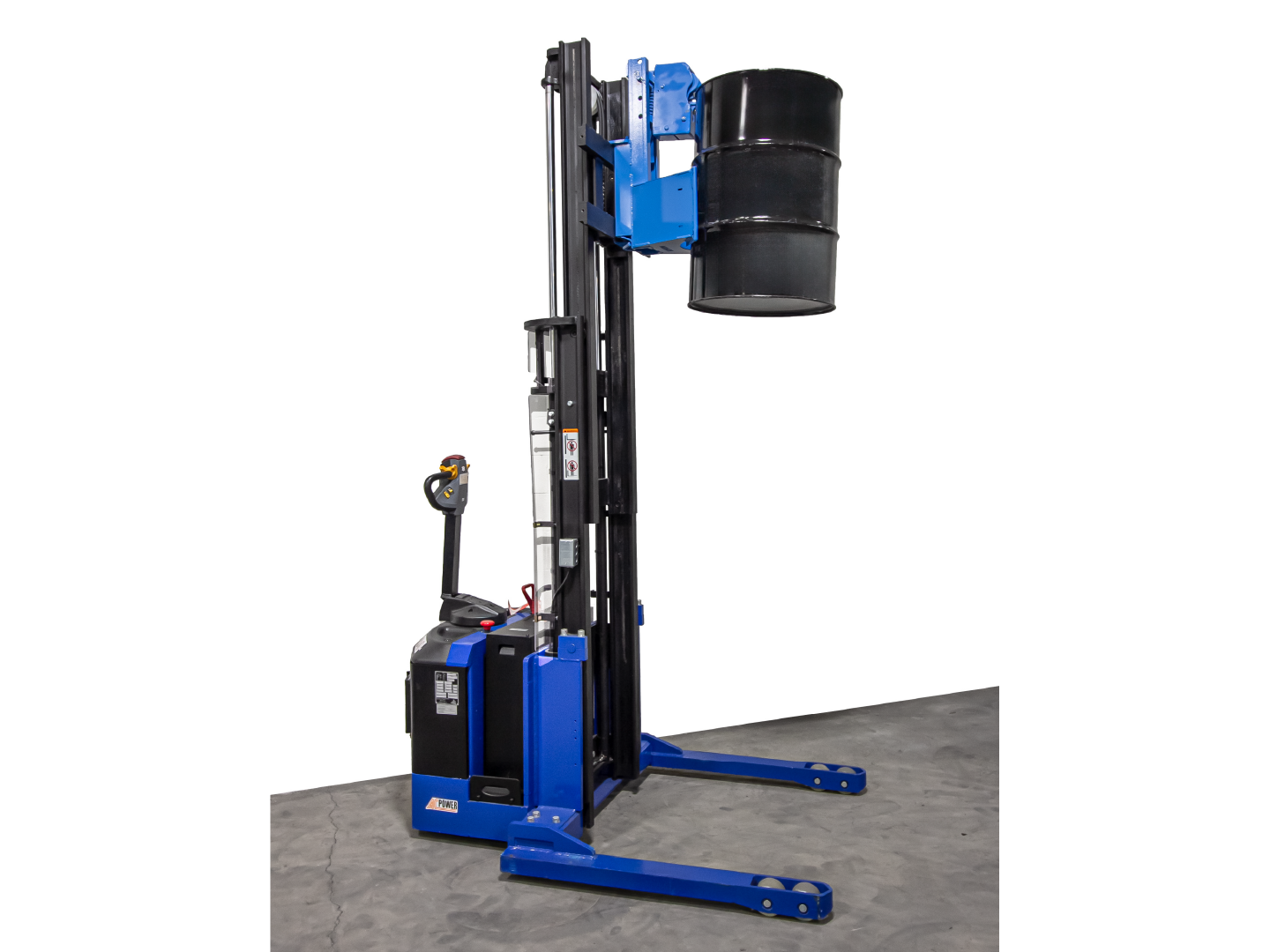 Image of Model 915 at full height lifting a drum. Morse Manufacturing Drum Handling Equipment - Mobile Drum Handling Equipment.