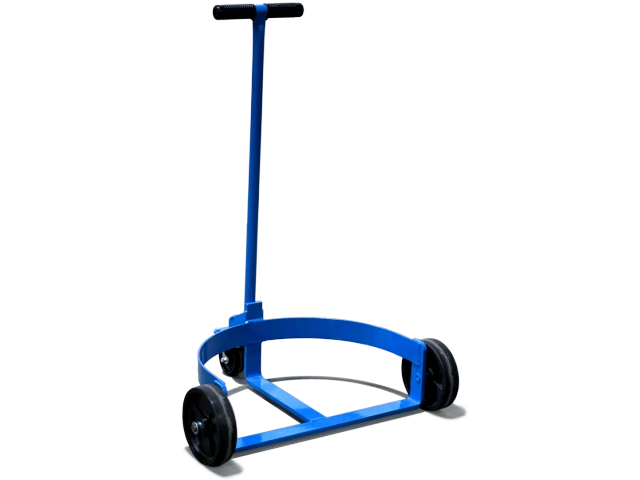 Three-wheel no-spill Morse drum truck transporting a drum upright