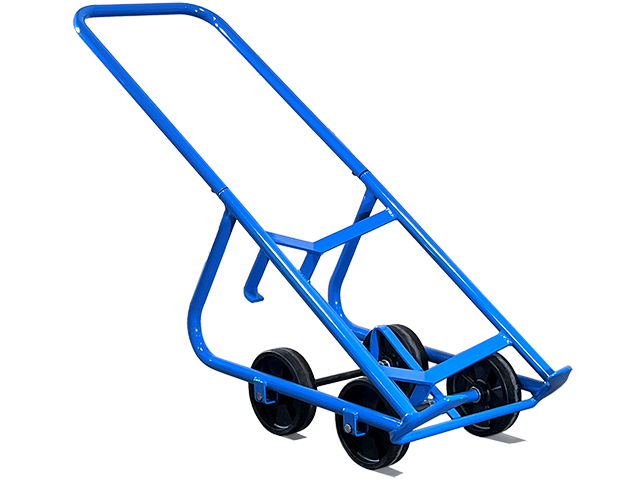 Four-wheel industrial Morse drum truck supporting a heavy steel drum